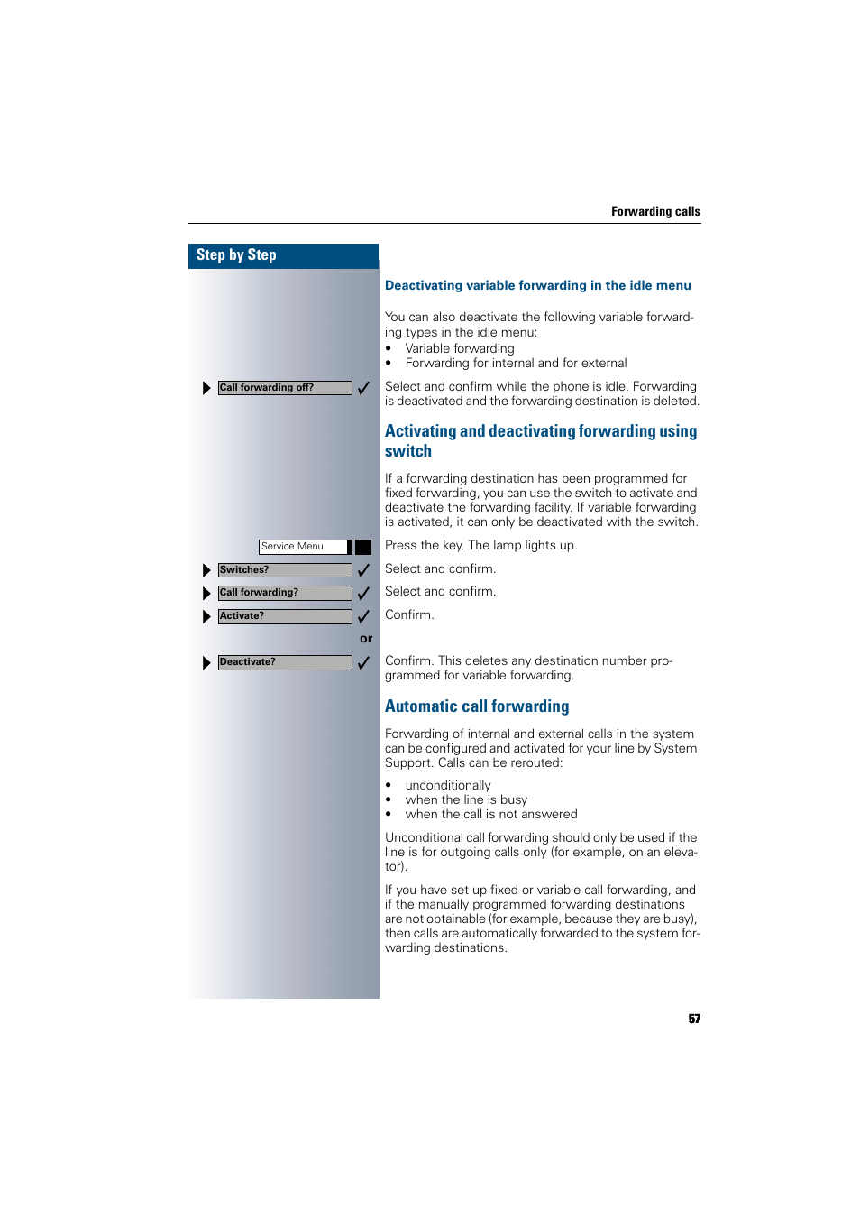 Deactivating variable forwarding in the idle menu, Automatic call forwarding | Siemens 300 H User Manual | Page 57 / 101