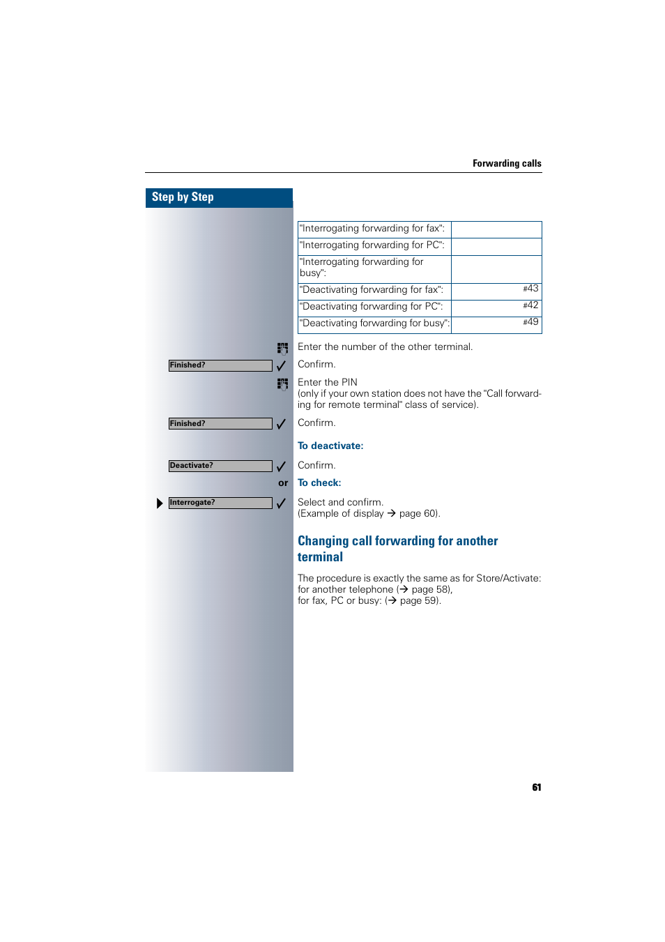 To deactivate, To check, Changing call forwarding for another terminal | Changing call forwarding for another terminal | Siemens 300 H User Manual | Page 61 / 101