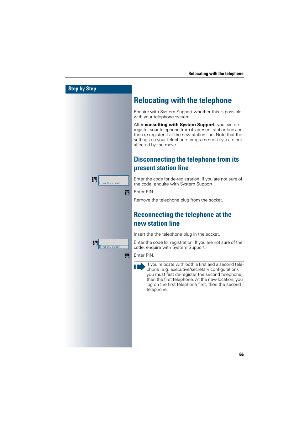 Relocating with the telephone, Reconnecting the telephone at the new station line, Multi-line and team functions | Siemens 300 H User Manual | Page 65 / 101