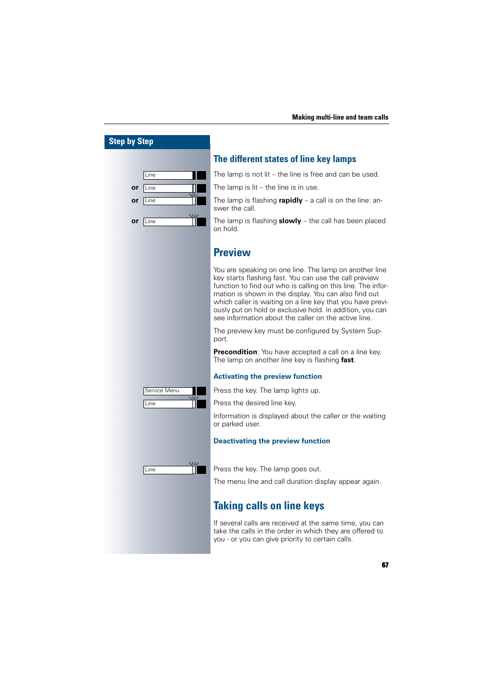 The different states of line key lamps, Preview, Activating the preview function | Deactivating the preview function, Taking calls on line keys | Siemens 300 H User Manual | Page 67 / 101