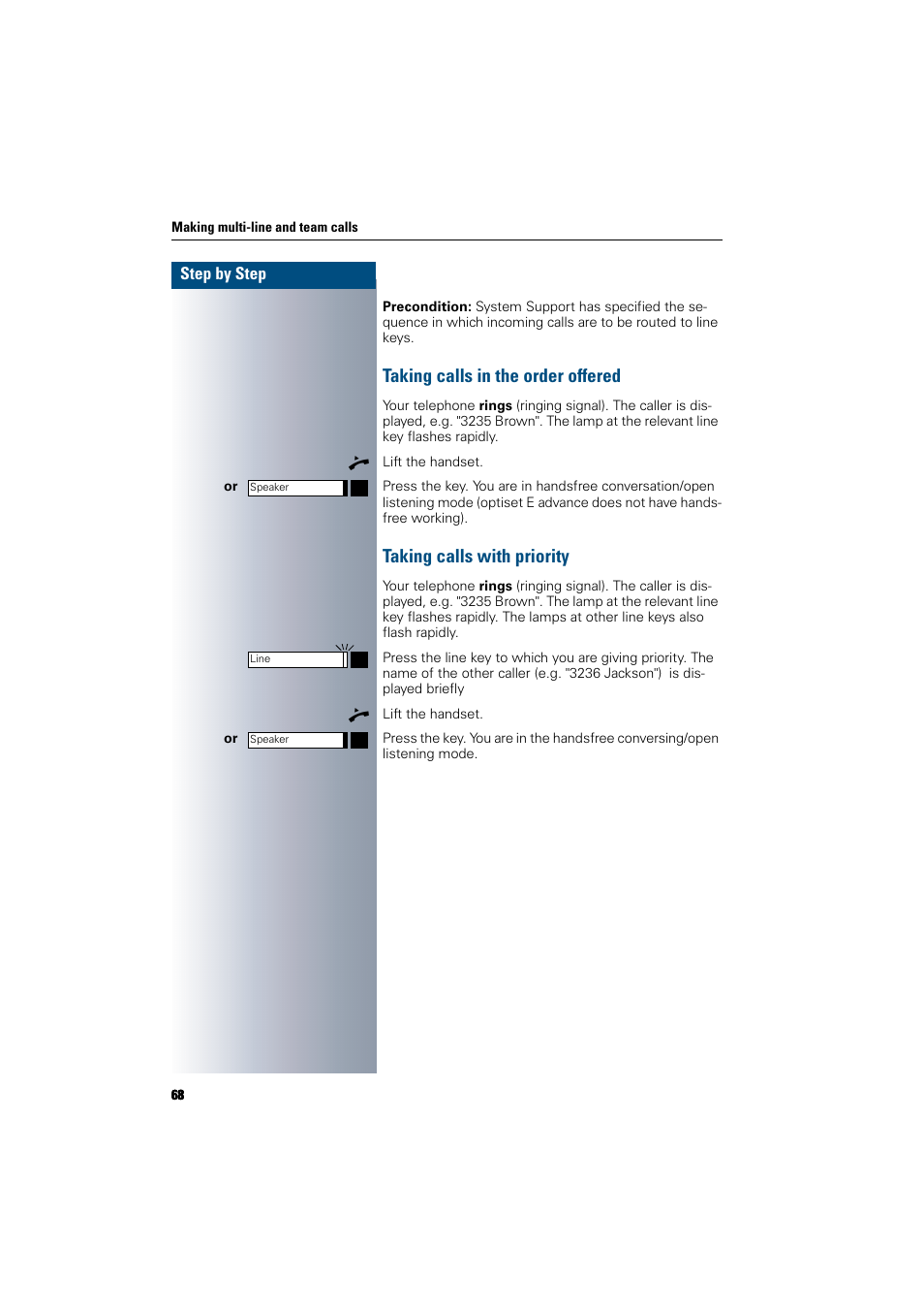 Taking calls in the order offered, Taking calls with priority | Siemens 300 H User Manual | Page 68 / 101