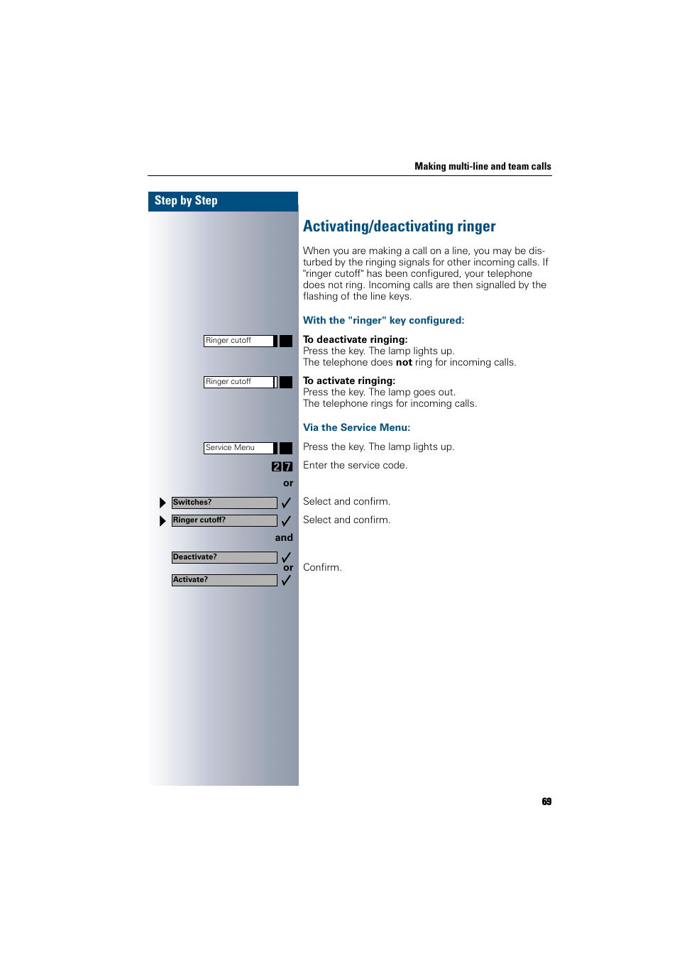 Activating/deactivating ringer, With the "ringer" key configured, Via the service menu | Siemens 300 H User Manual | Page 69 / 101