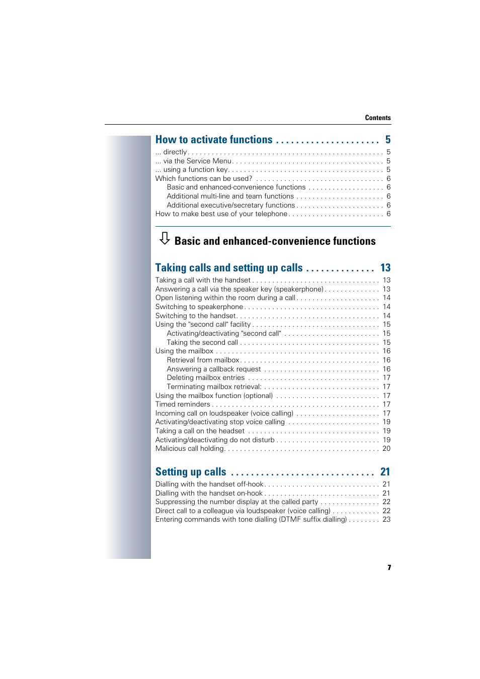 How to activate functions, Setting up calls | Siemens 300 H User Manual | Page 7 / 101