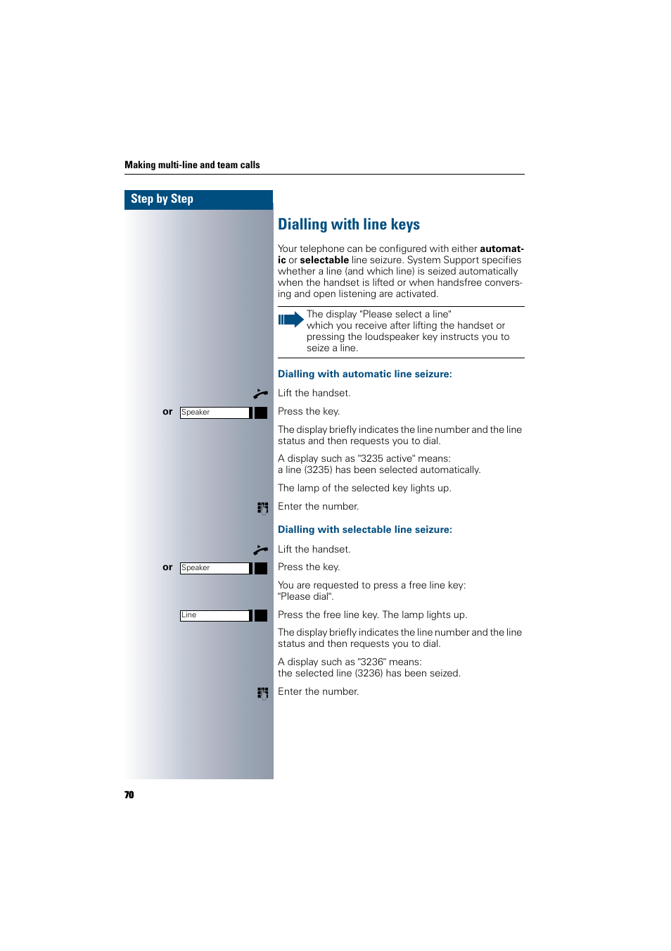 Dialling with line keys, Dialling with automatic line seizure, Dialling with selectable line seizure | Siemens 300 H User Manual | Page 70 / 101