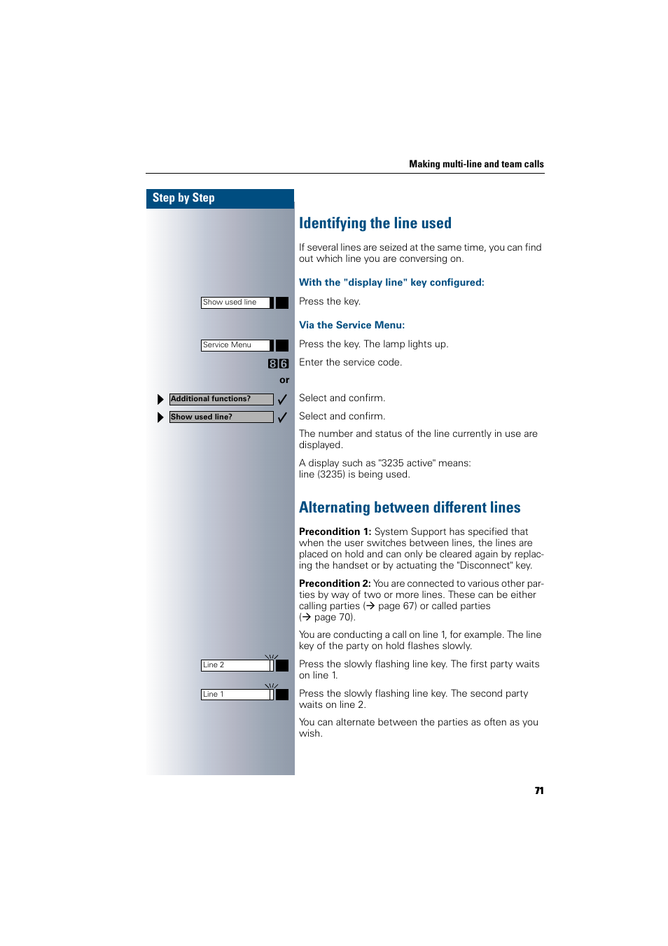 Identifying the line used, With the "display line" key configured, Via the service menu | Alternating between different lines | Siemens 300 H User Manual | Page 71 / 101