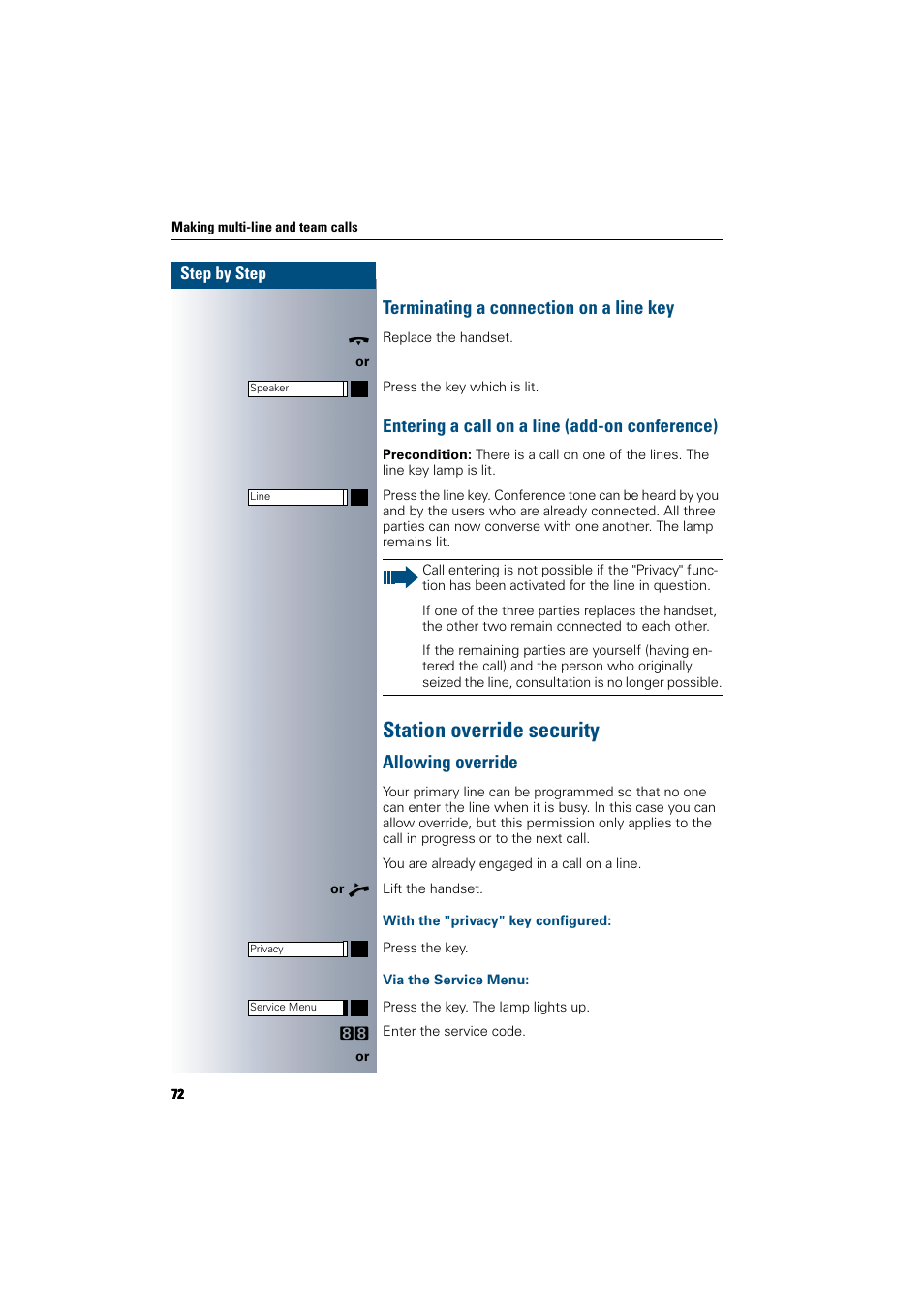 Terminating a connection on a line key, Entering a call on a line (add-on conference), Station override security | Allowing override, With the "privacy" key configured, Via the service menu | Siemens 300 H User Manual | Page 72 / 101