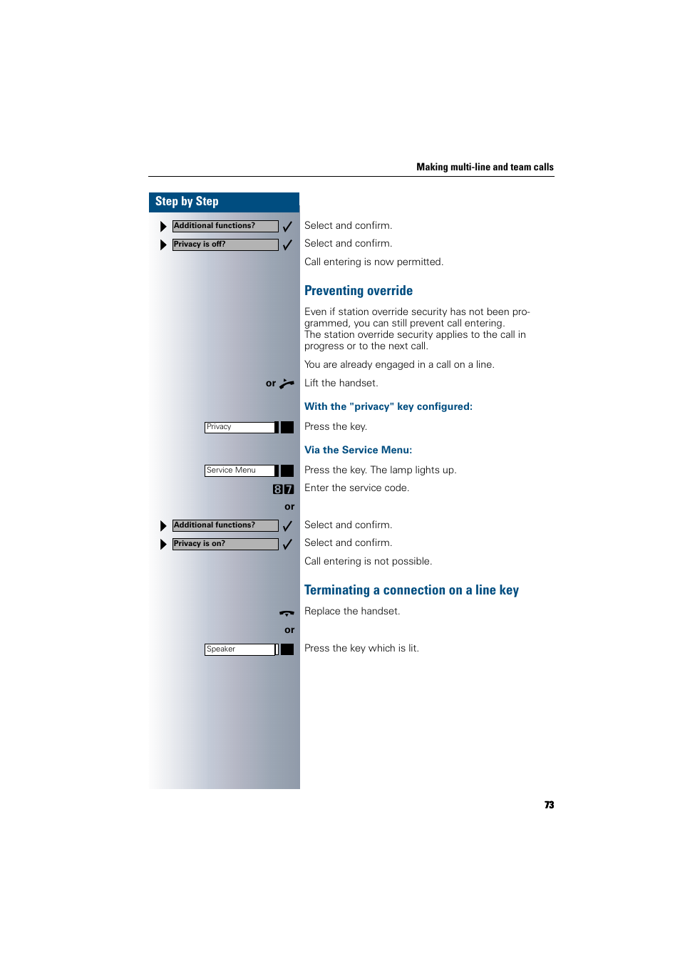 Preventing override, With the "privacy" key configured, Via the service menu | Terminating a connection on a line key | Siemens 300 H User Manual | Page 73 / 101