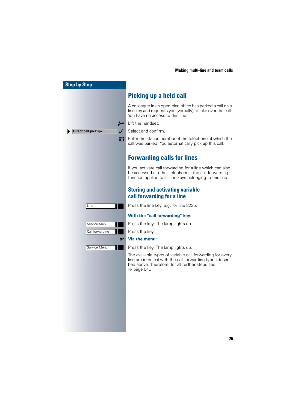 Picking up a held call, Forwarding calls for lines, With the "call forwarding" key | Via the menu, Picking up a held call forwarding calls for lines | Siemens 300 H User Manual | Page 75 / 101