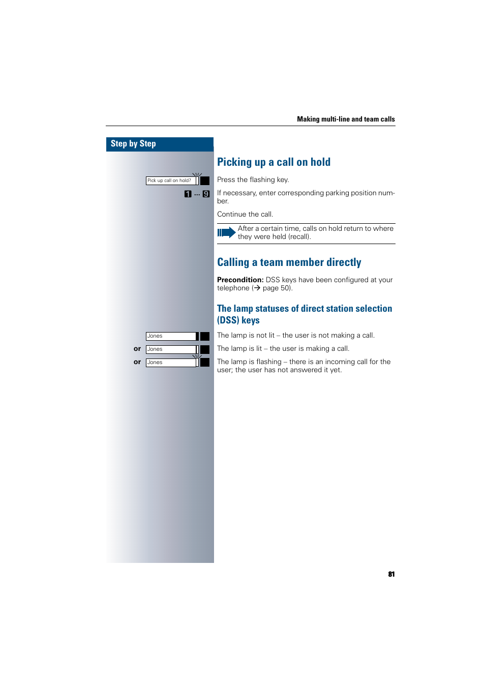 Picking up a call on hold, Calling a team member directly | Siemens 300 H User Manual | Page 81 / 101