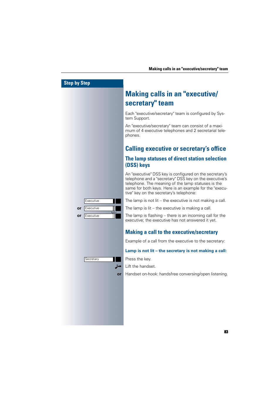 Making calls in an "executive/ secretary" team, Calling executive or secretary’s office, Making a call to the executive/secretary | Making calls in an "executive/secretary" team . 83 | Siemens 300 H User Manual | Page 83 / 101