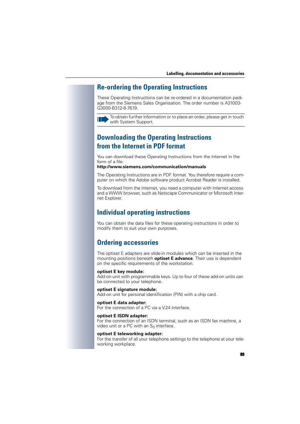 Re-ordering the operating instructions, Individual operating instructions, Ordering accessories | Siemens 300 H User Manual | Page 89 / 101