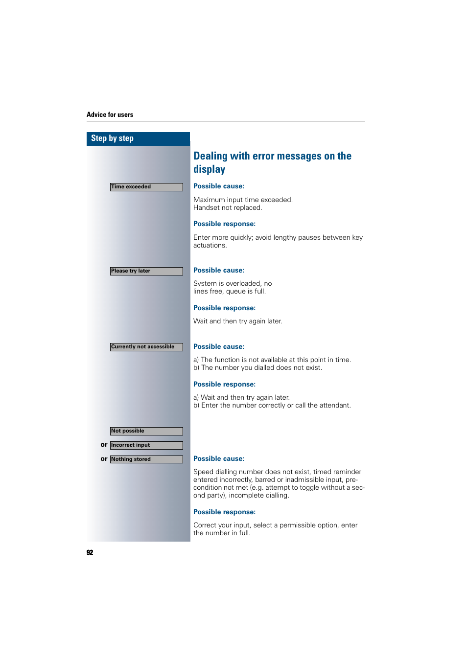 Dealing with error messages on the display, Possible cause, Possible response | Siemens 300 H User Manual | Page 92 / 101