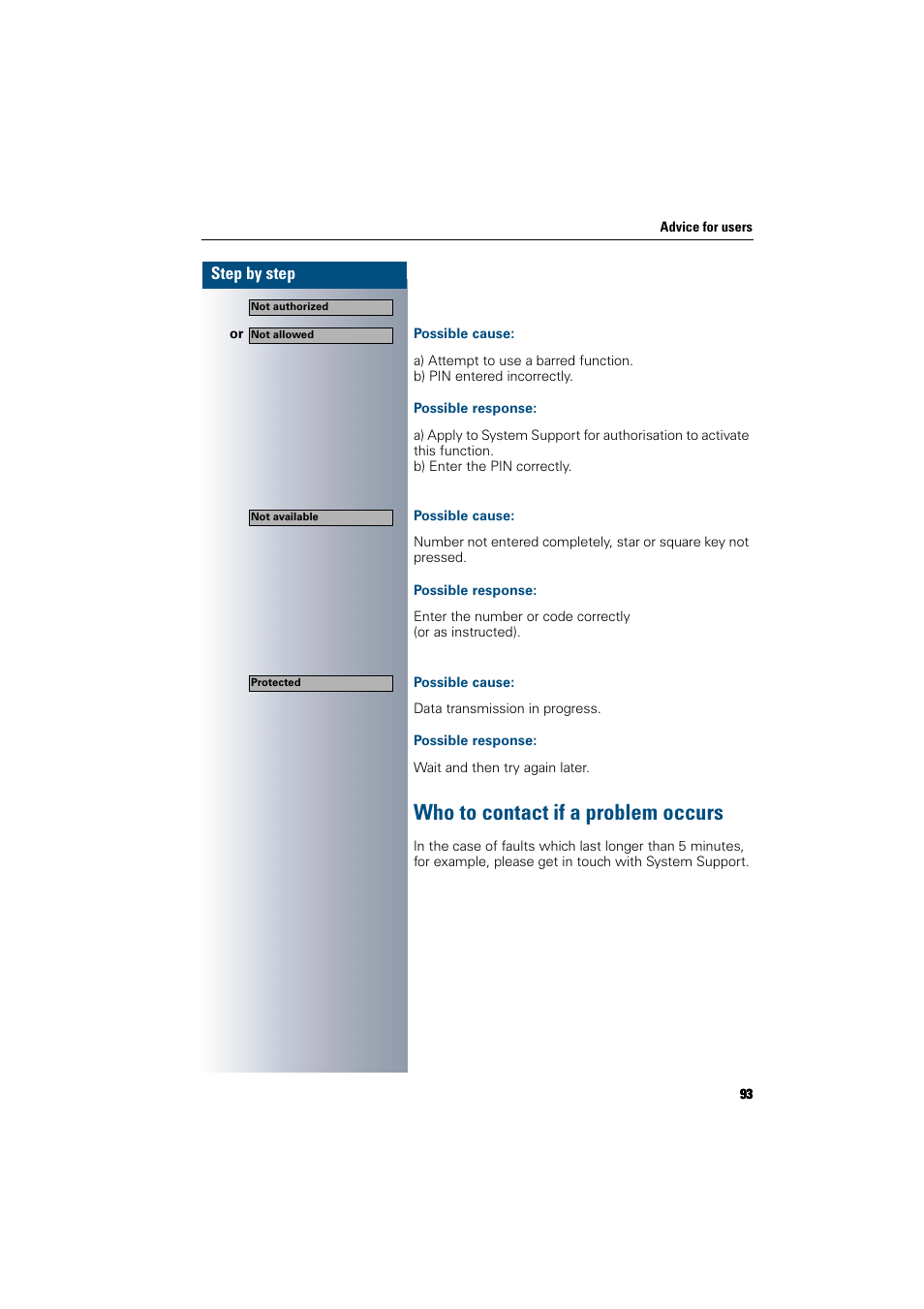 Possible cause, Possible response, Who to contact if a problem occurs | Siemens 300 H User Manual | Page 93 / 101