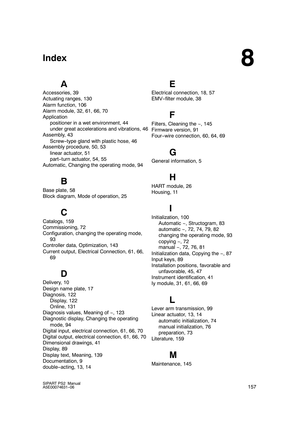 8 index, Index a | Siemens SIPART PS2 6DR52xx User Manual | Page 157 / 160