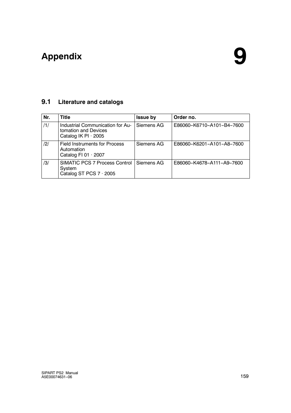 9 appendix, 1 literature and catalogs, Appendix | Siemens SIPART PS2 6DR52xx User Manual | Page 159 / 160