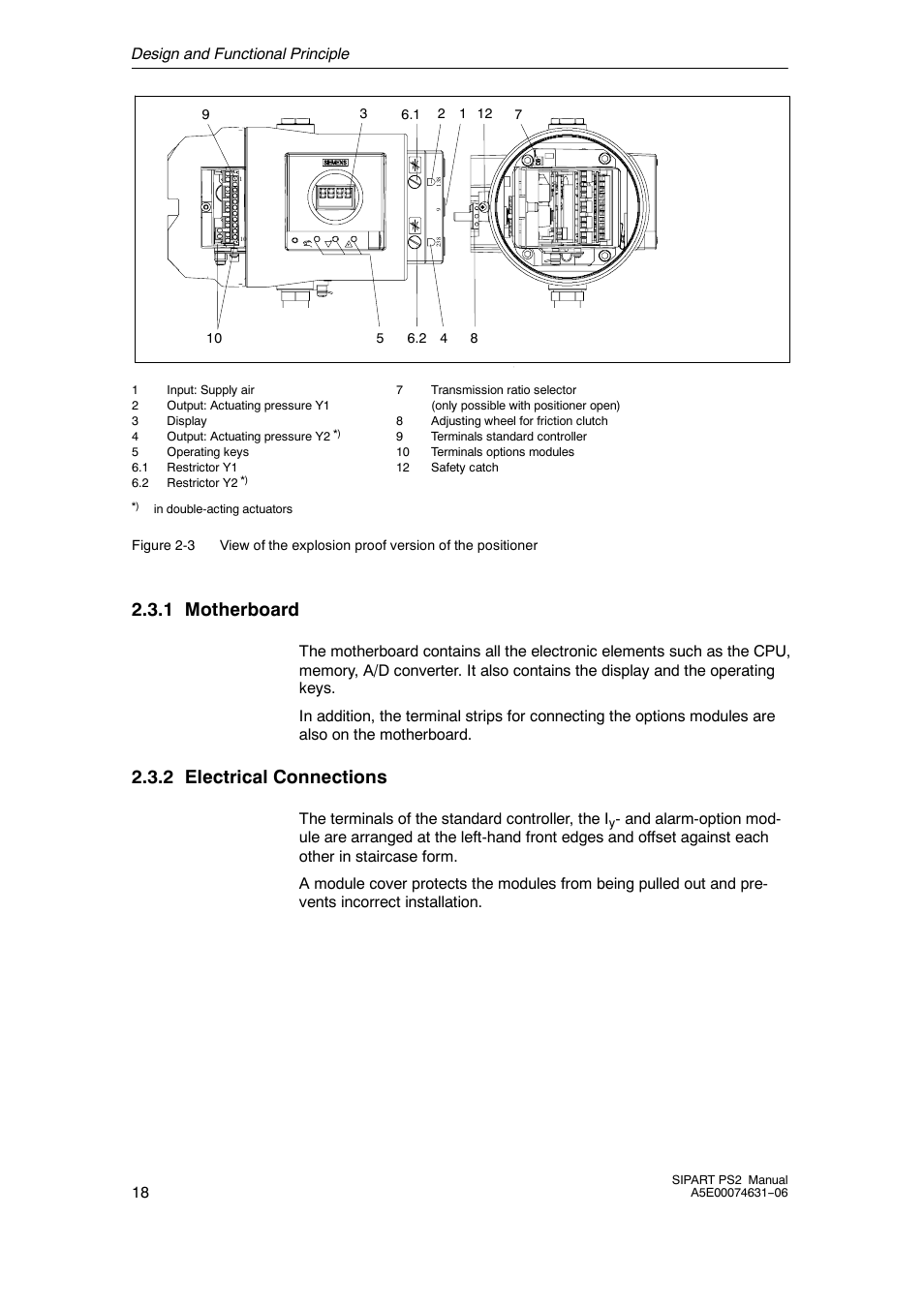 1 motherboard, 2 electrical connections, Design and functional principle 18 | The terminals of the standard controller, the i | Siemens SIPART PS2 6DR52xx User Manual | Page 18 / 160