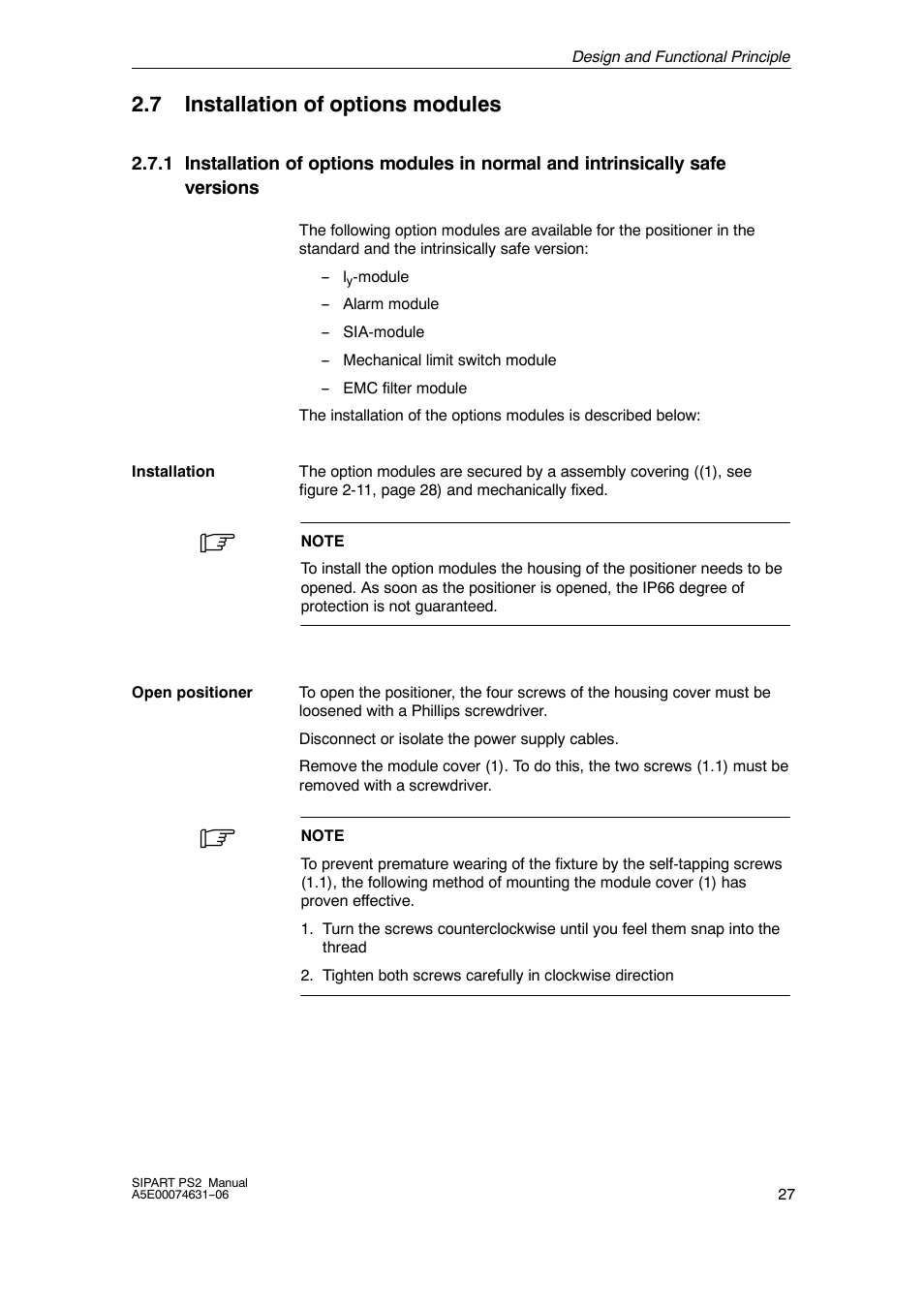 7 installation of options modules | Siemens SIPART PS2 6DR52xx User Manual | Page 27 / 160