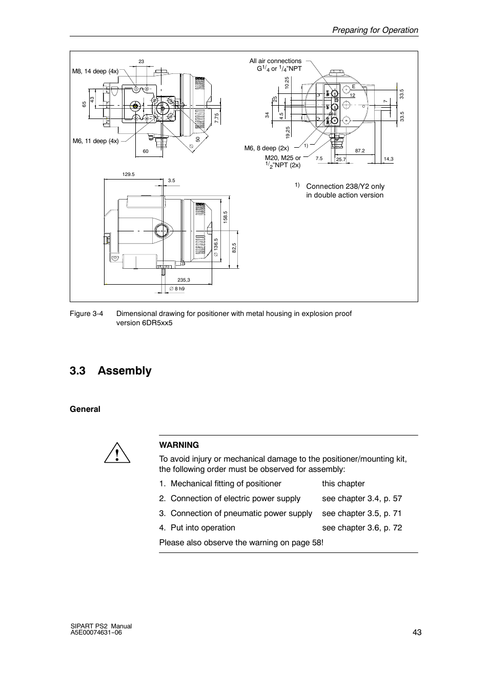 3 assembly, Preparing for operation 43 | Siemens SIPART PS2 6DR52xx User Manual | Page 43 / 160