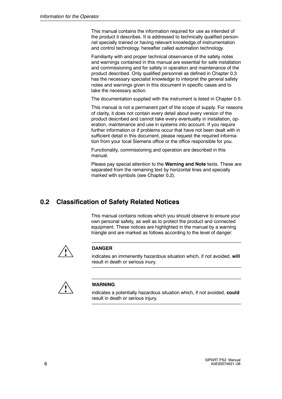 2 classification of safety related notices | Siemens SIPART PS2 6DR52xx User Manual | Page 6 / 160