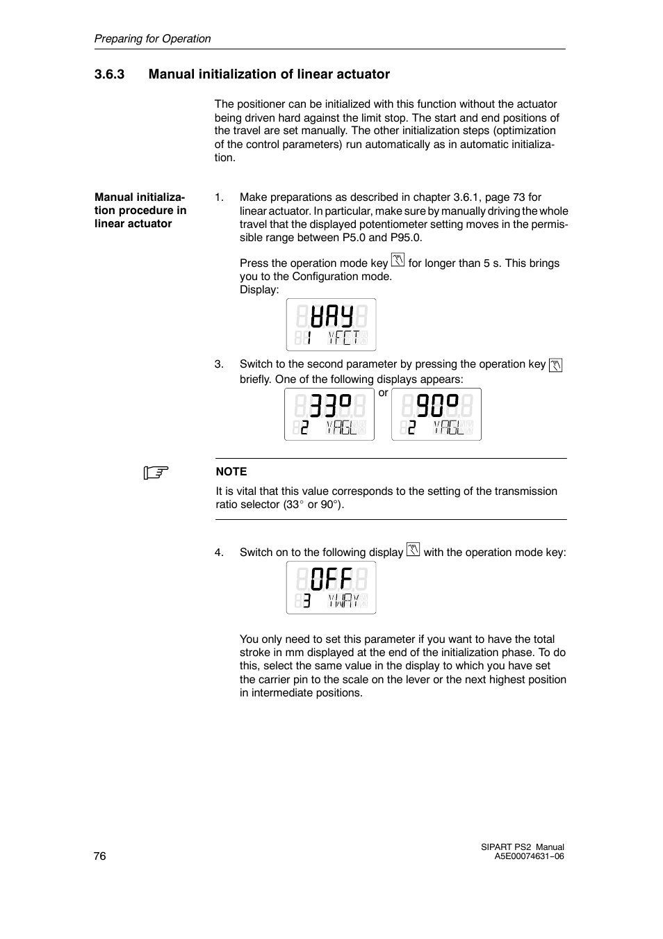 3 manual initialization of linear actuator | Siemens SIPART PS2 6DR52xx User Manual | Page 76 / 160