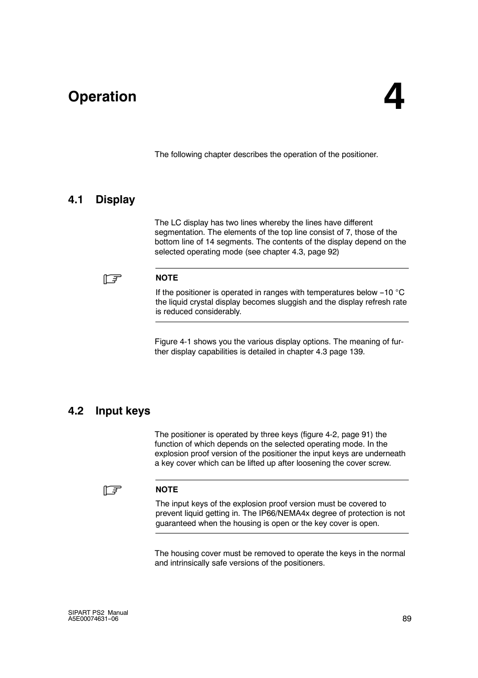 4 operation, 1 display, 2 input keys | Operation | Siemens SIPART PS2 6DR52xx User Manual | Page 89 / 160