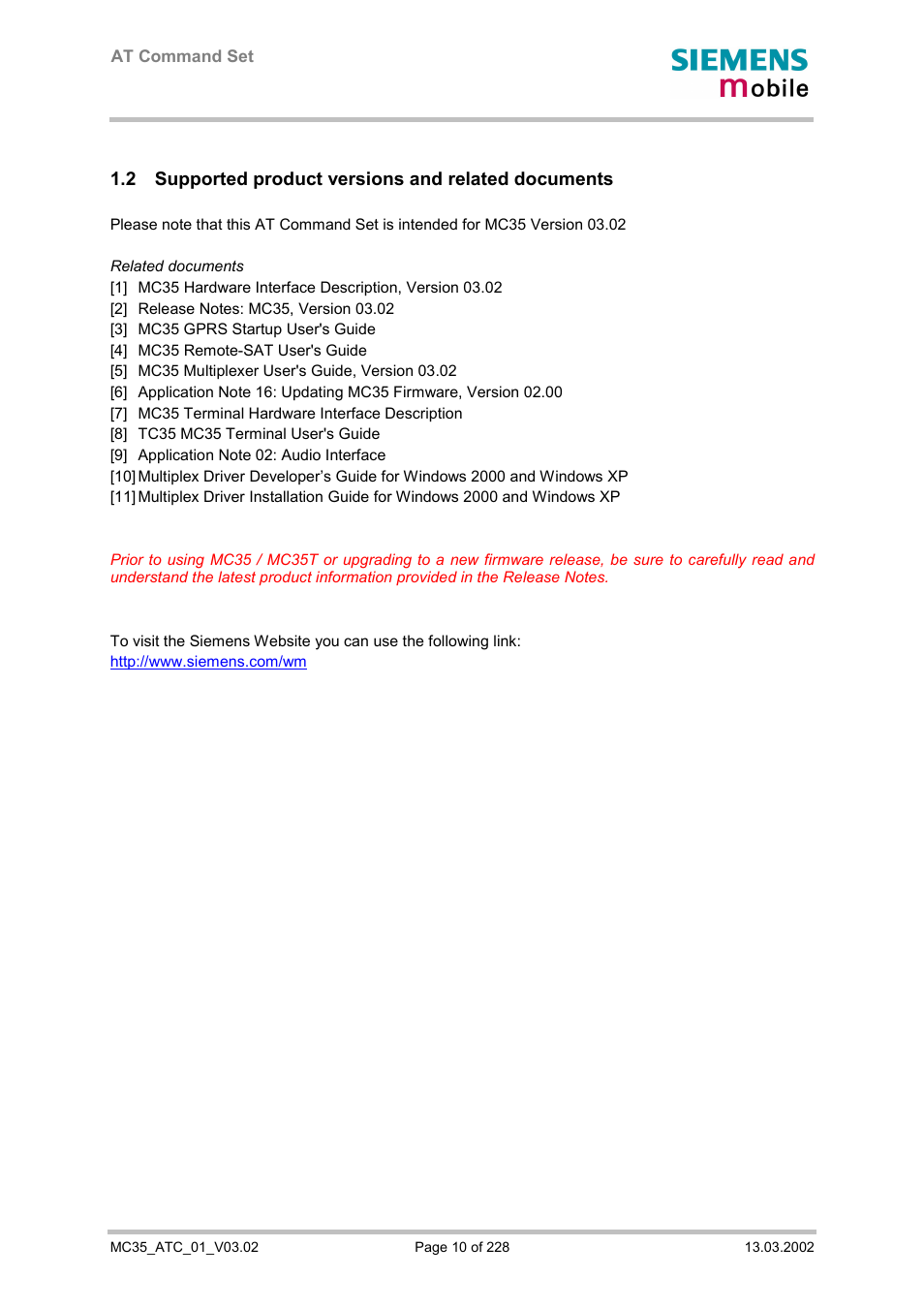 Supported product versions and related documents, 2 supported product versions and related documents | Siemens MC35 User Manual | Page 10 / 228