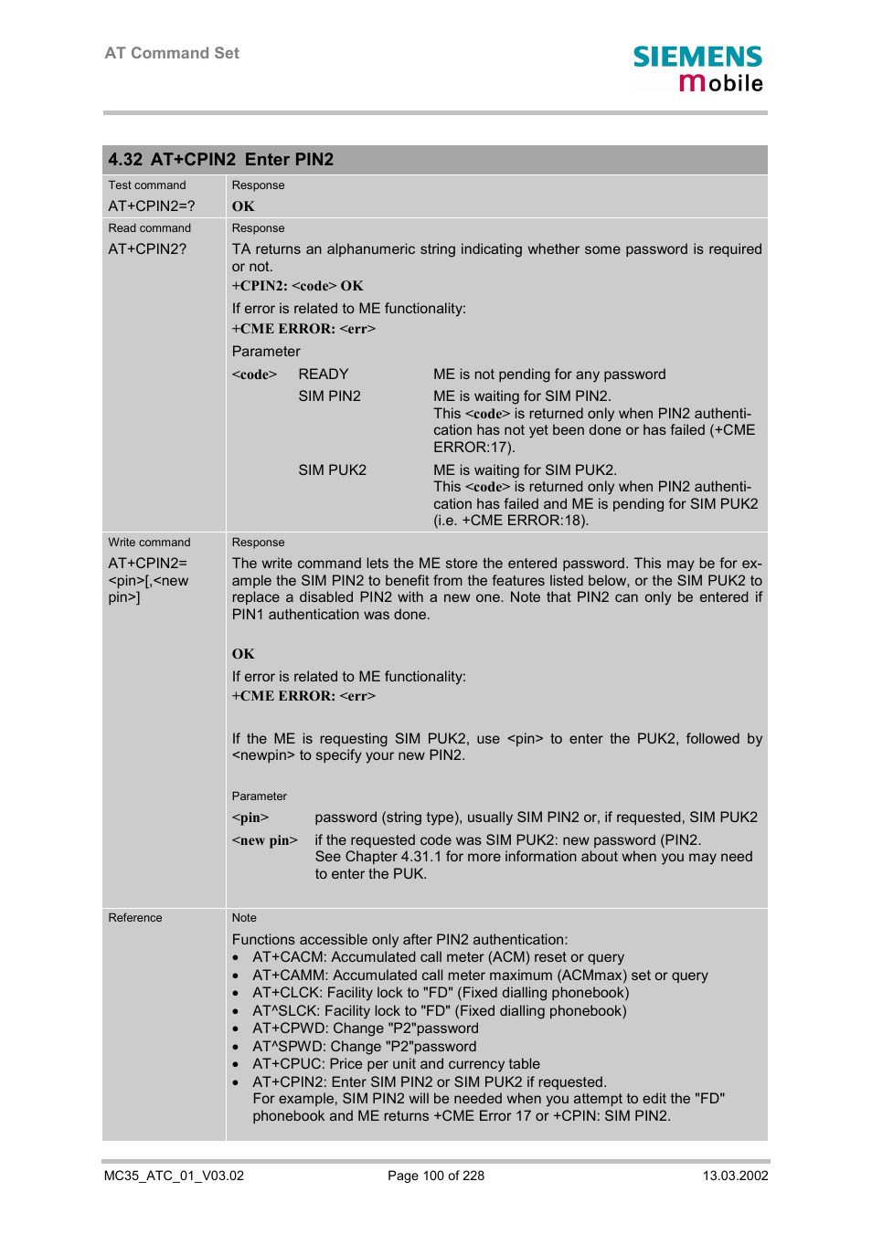 At+cpin2 enter pin2, 32 at+cpin2 enter pin2 | Siemens MC35 User Manual | Page 100 / 228