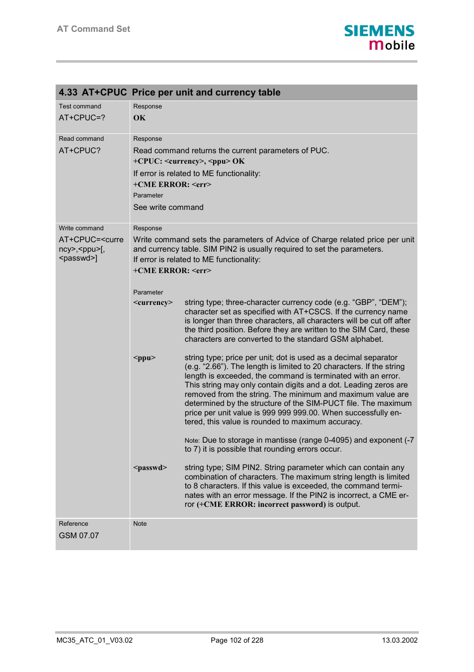 At+cpuc price per unit and currency table, 33 at+cpuc price per unit and currency table | Siemens MC35 User Manual | Page 102 / 228