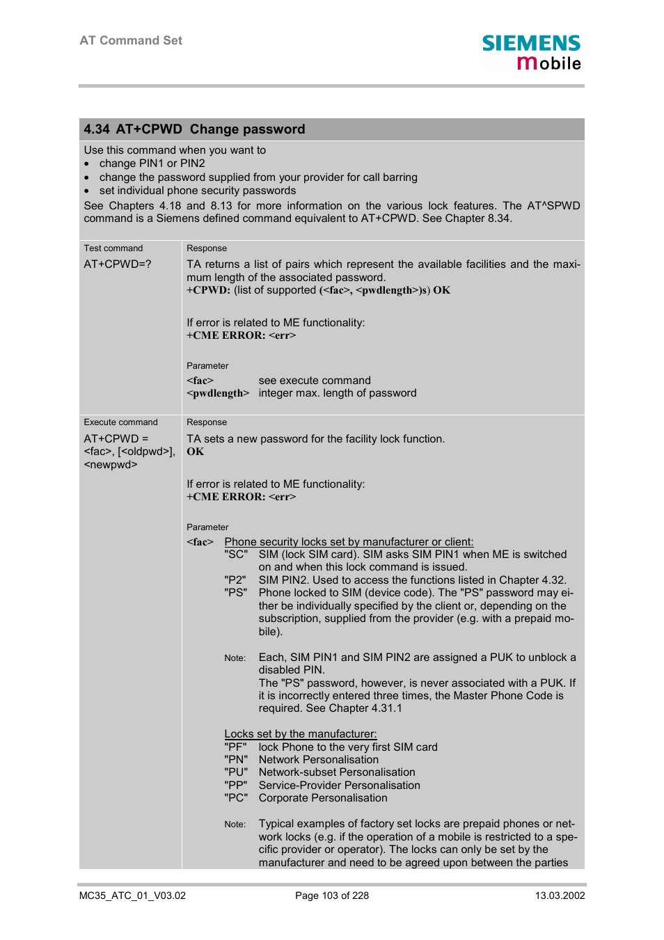 At+cpwd change password, 34 a, D 4.34) | At+cpwd change password), 34 at+cpwd change password | Siemens MC35 User Manual | Page 103 / 228