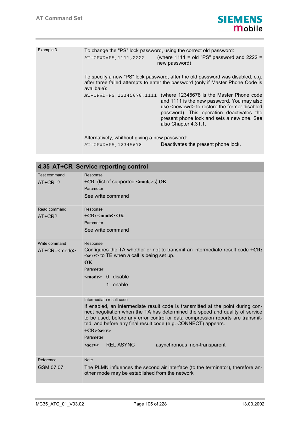 At+cr service reporting control, 35 at+cr service reporting control | Siemens MC35 User Manual | Page 105 / 228