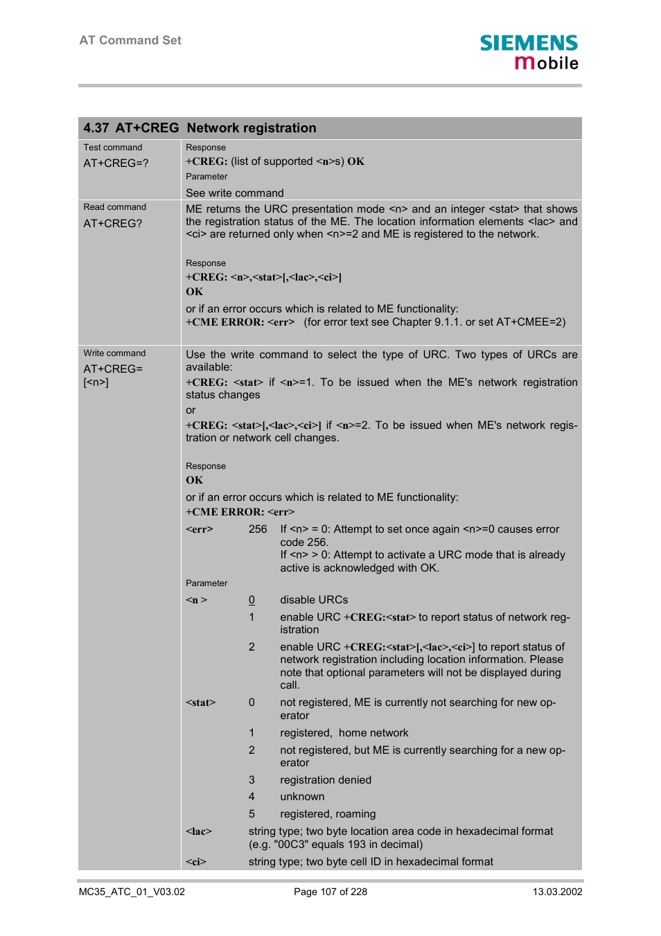 At+creg network registration, 37 at+creg network registration | Siemens MC35 User Manual | Page 107 / 228