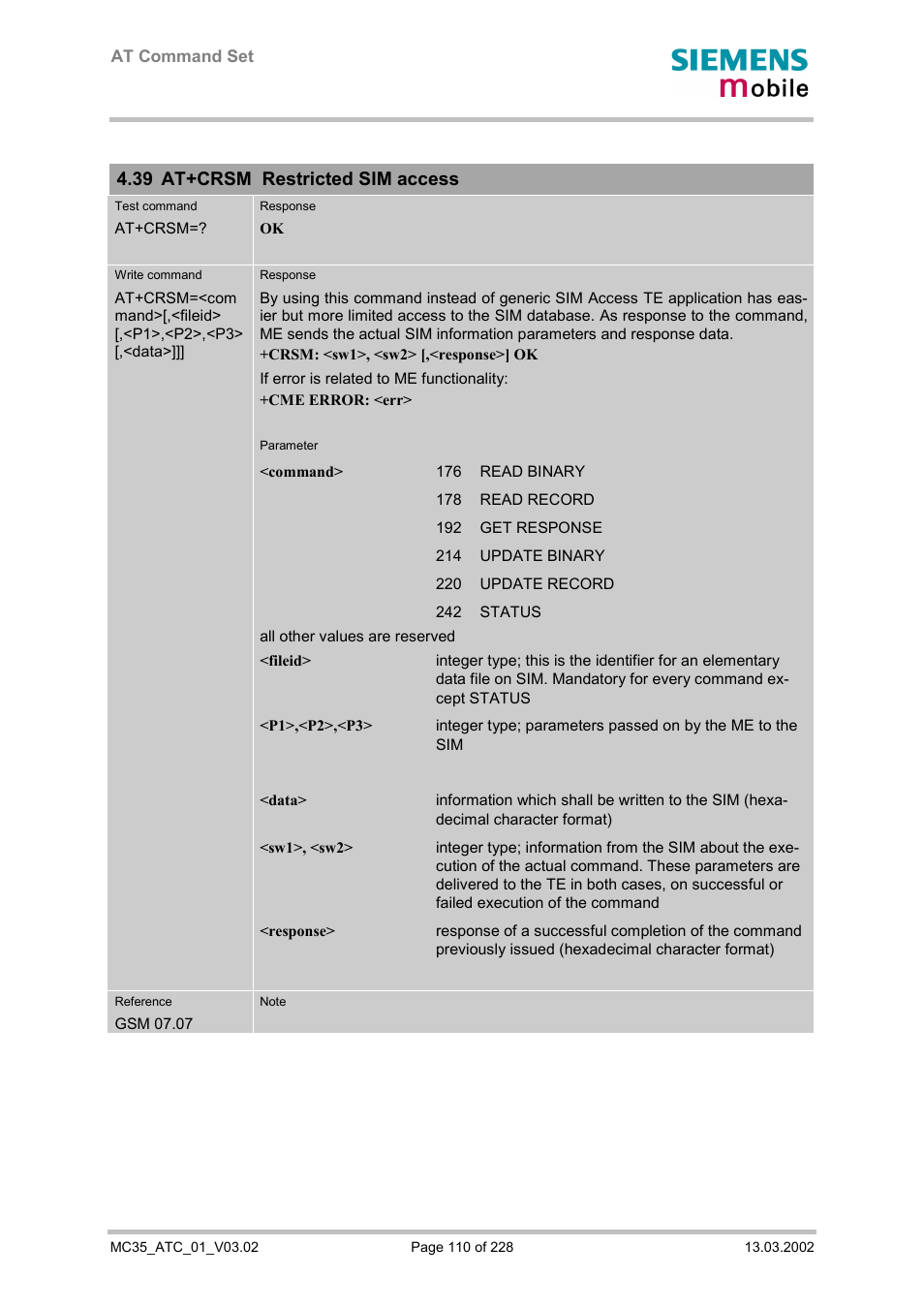 At+crsm restricted sim access, 39 at+crsm restricted sim access | Siemens MC35 User Manual | Page 110 / 228