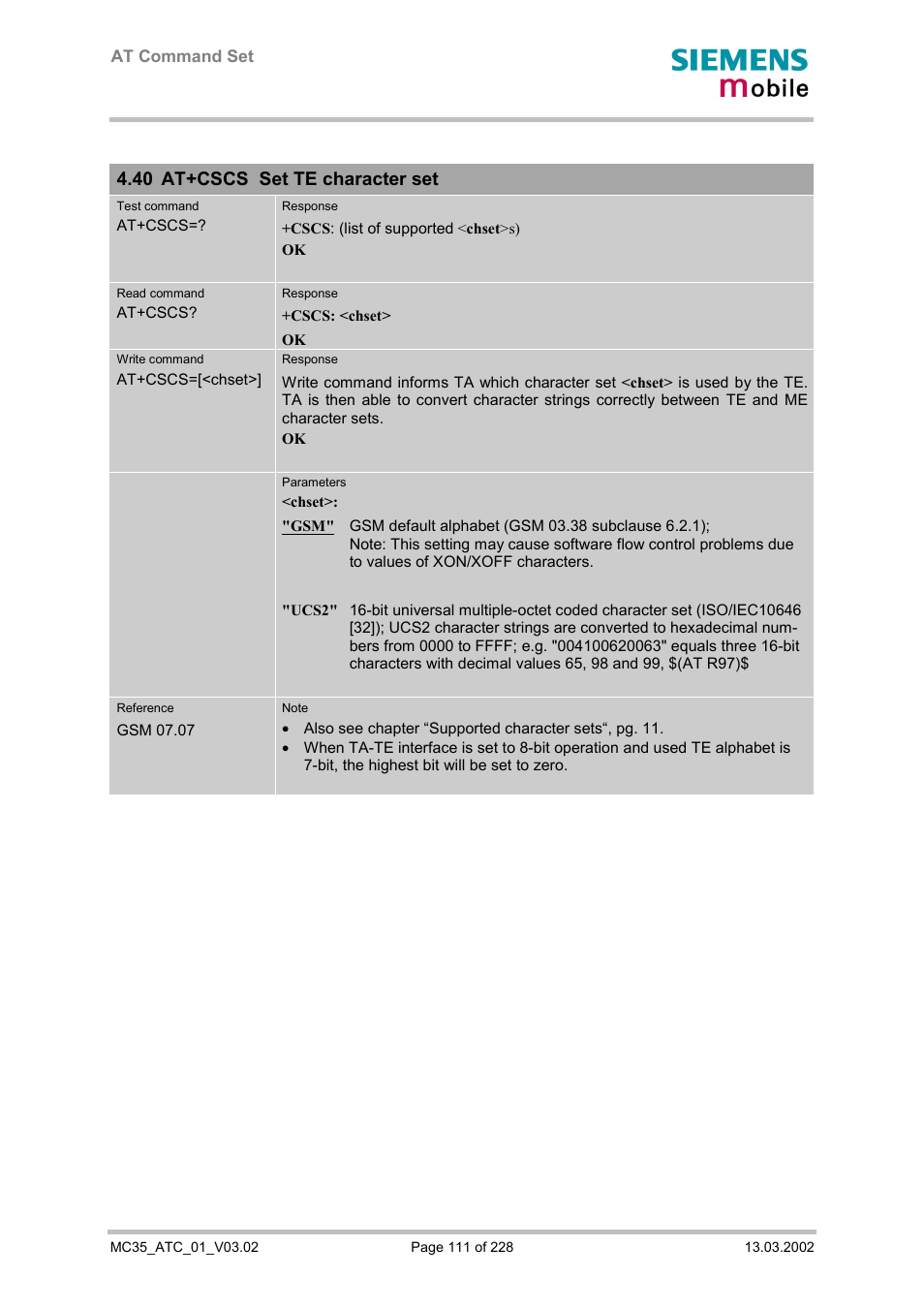 At+cscs set te character set, 40 at+cscs set te character set | Siemens MC35 User Manual | Page 111 / 228