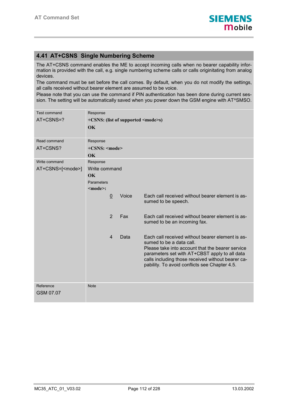 At+csns single numbering scheme, 41 at+csns single numbering scheme | Siemens MC35 User Manual | Page 112 / 228