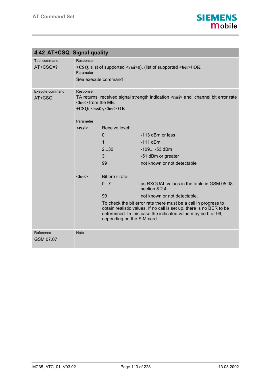 At+csq signal quality, 42 at+csq signal quality | Siemens MC35 User Manual | Page 113 / 228