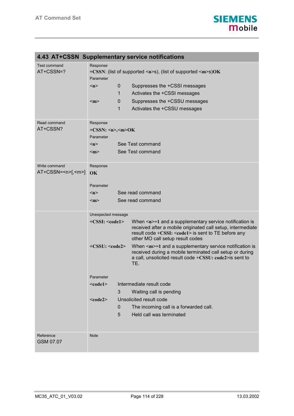 At+cssn supplementary service notifications, 43 at+cssn supplementary service notifications | Siemens MC35 User Manual | Page 114 / 228