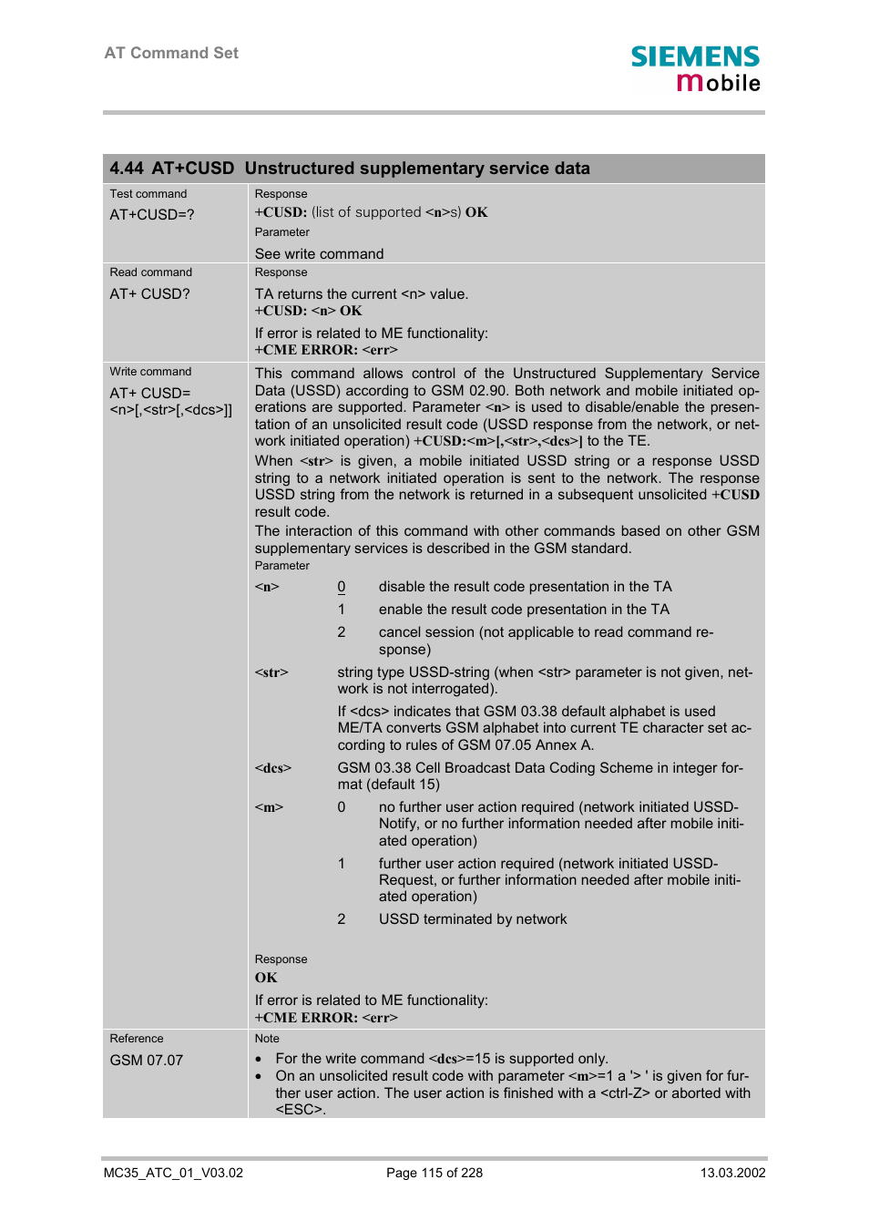 At+cusd unstructured supplementary service data, 44 at+cusd unstructured supplementary service data | Siemens MC35 User Manual | Page 115 / 228