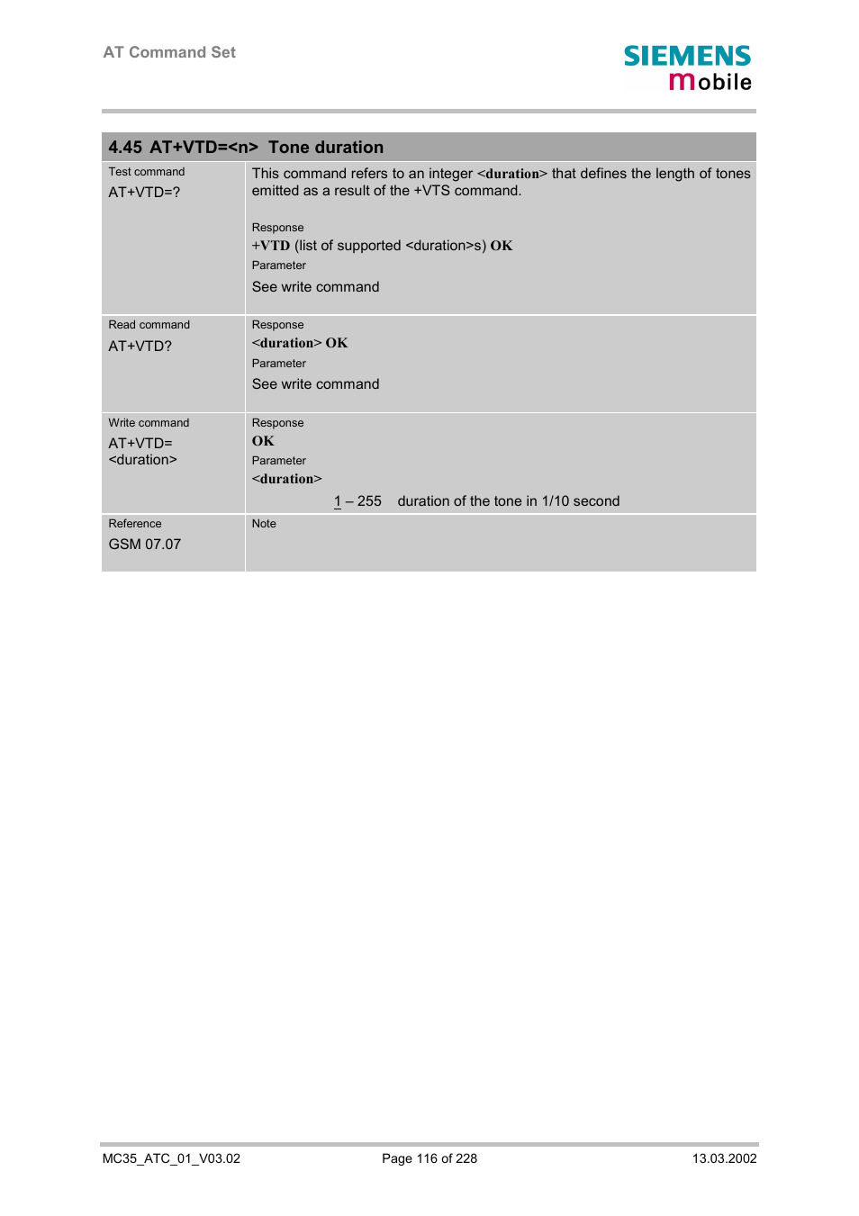 At+vtd=<n> tone duration, 45 at+vtd=<n> tone duration | Siemens MC35 User Manual | Page 116 / 228