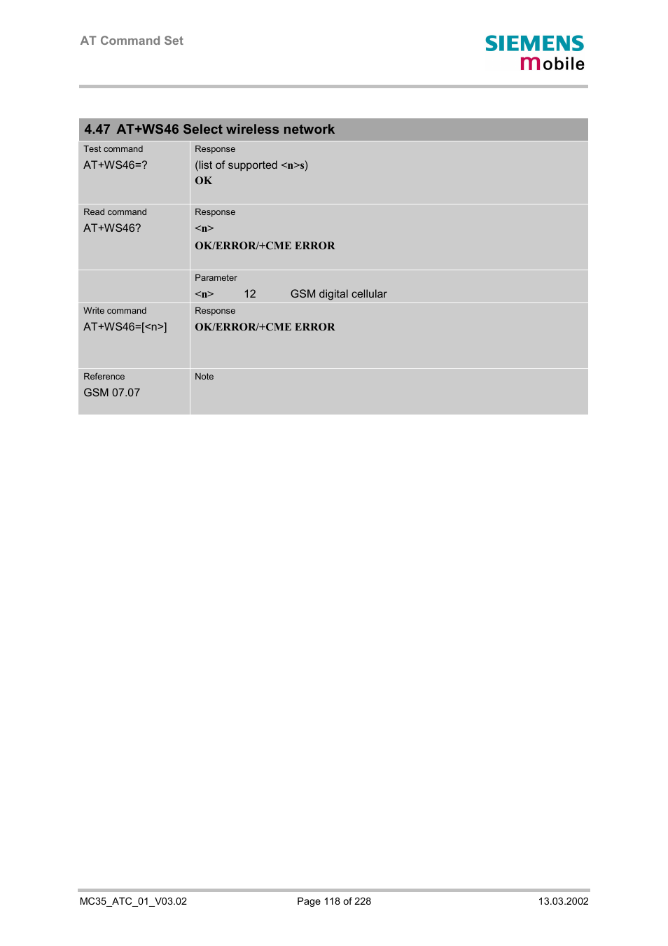 At+ws46 select wireless network, 47 at+ws46 select wireless network | Siemens MC35 User Manual | Page 118 / 228