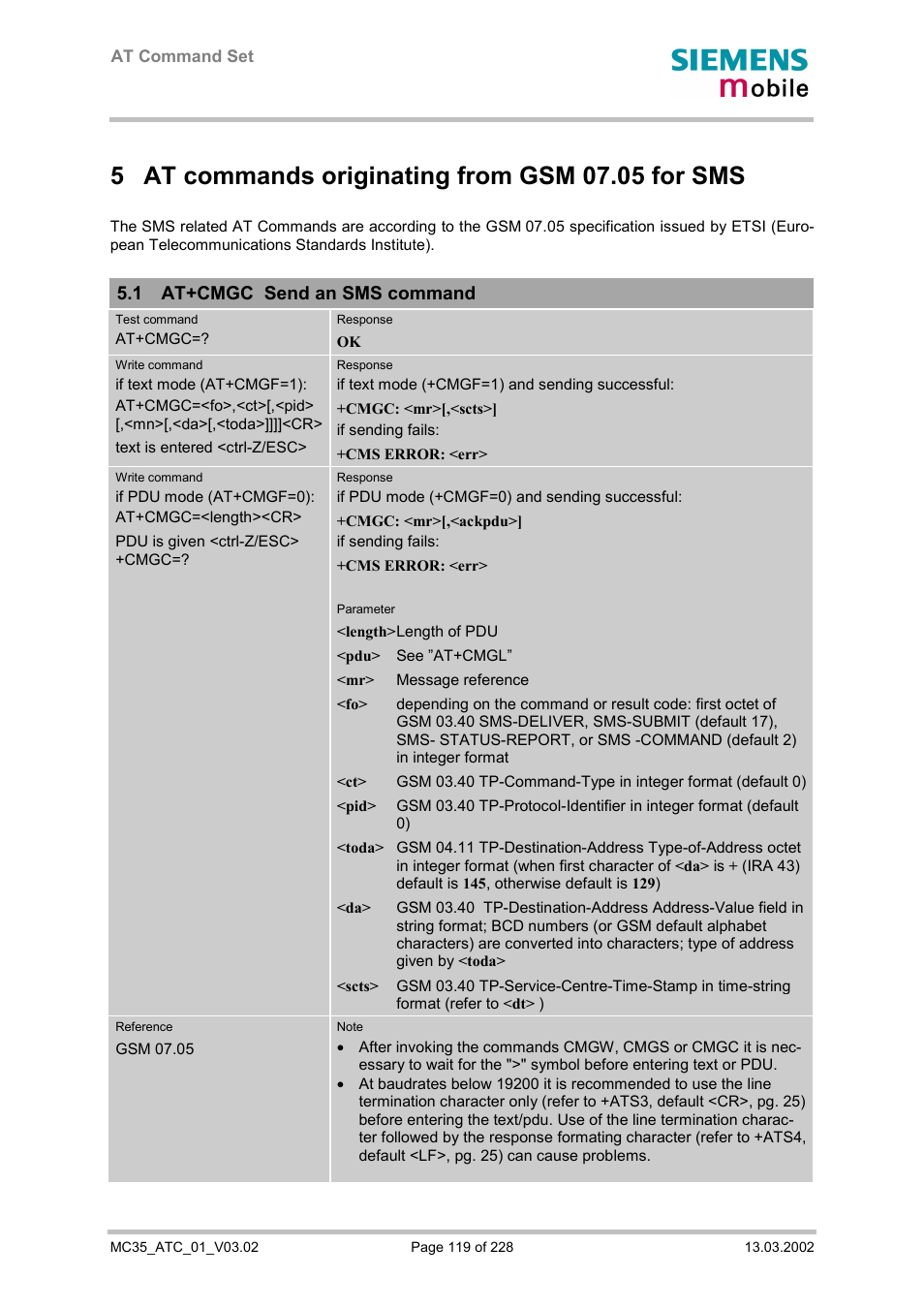 At commands originating from gsm 07.05 for sms, At+cmgc send an sms command, 1 at+cmgc send an sms command | Siemens MC35 User Manual | Page 119 / 228