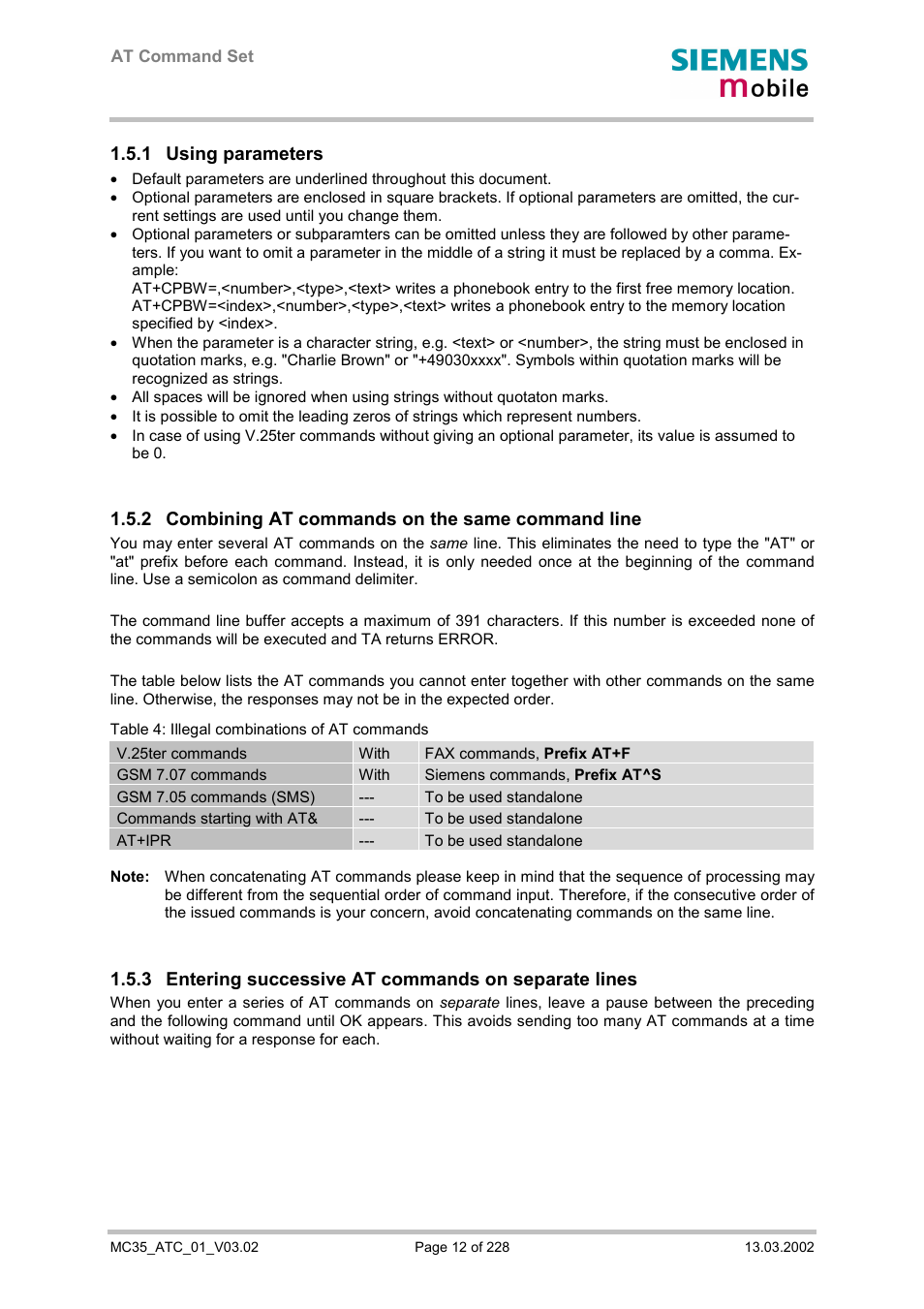 Using parameters, Combining at commands on the same command line, Entering successive at commands on separate lines | 1 using parameters, 2 combining at commands on the same command line | Siemens MC35 User Manual | Page 12 / 228