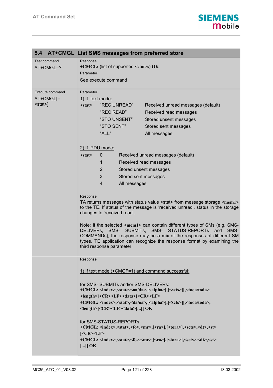 At+cmgl list sms messages from preferred store, 4 at+cmgl list sms messages from preferred store | Siemens MC35 User Manual | Page 121 / 228