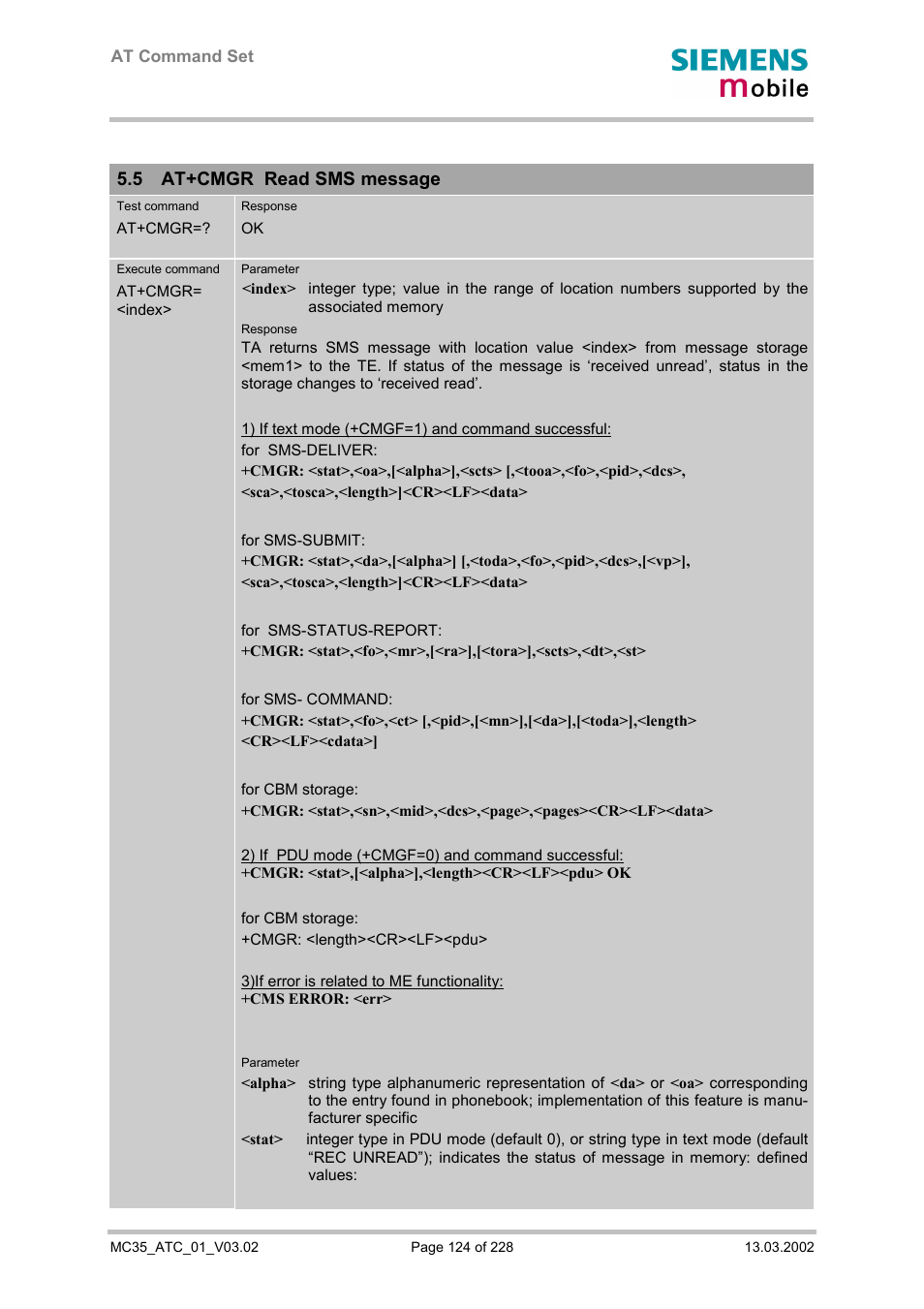 At+cmgr read sms message, 5 at+cmgr read sms message | Siemens MC35 User Manual | Page 124 / 228