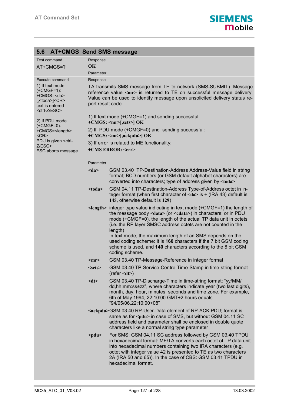 At+cmgs send sms message, 6 at+cmgs send sms message | Siemens MC35 User Manual | Page 127 / 228