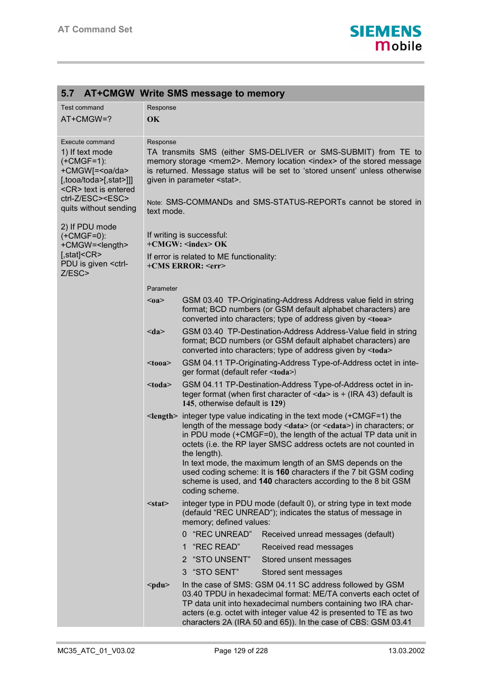 At+cmgw write sms message to memory | Siemens MC35 User Manual | Page 129 / 228