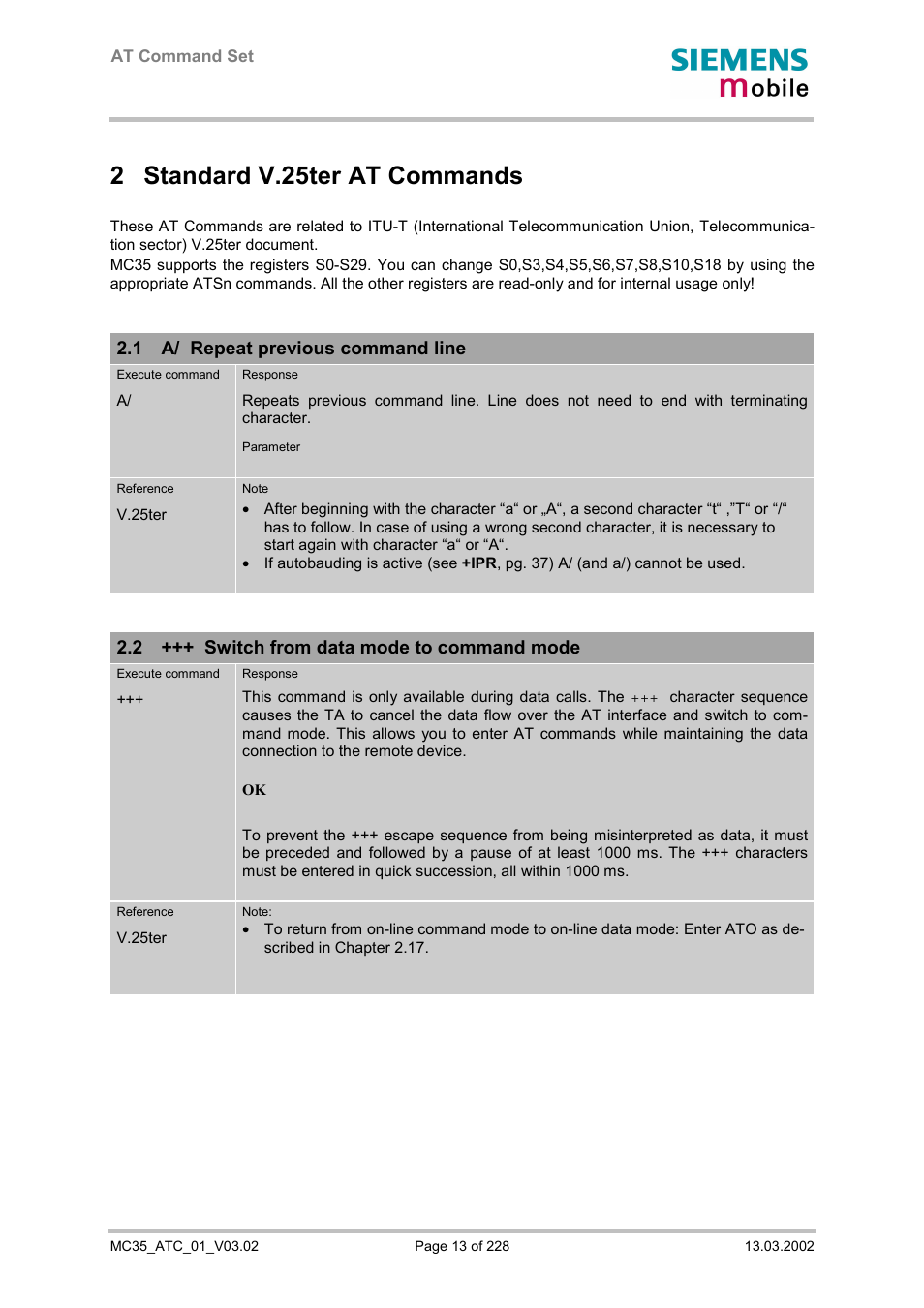 Standard v.25ter at commands, A/ repeat previous command line, Switch from data mode to command mode | 2 standard v.25ter at commands, 1 a/ repeat previous command line, 2 +++ switch from data mode to command mode | Siemens MC35 User Manual | Page 13 / 228