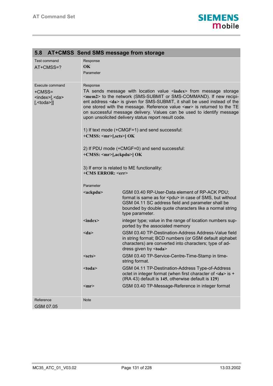 At+cmss send sms message from storage, 8 at+cmss send sms message from storage | Siemens MC35 User Manual | Page 131 / 228