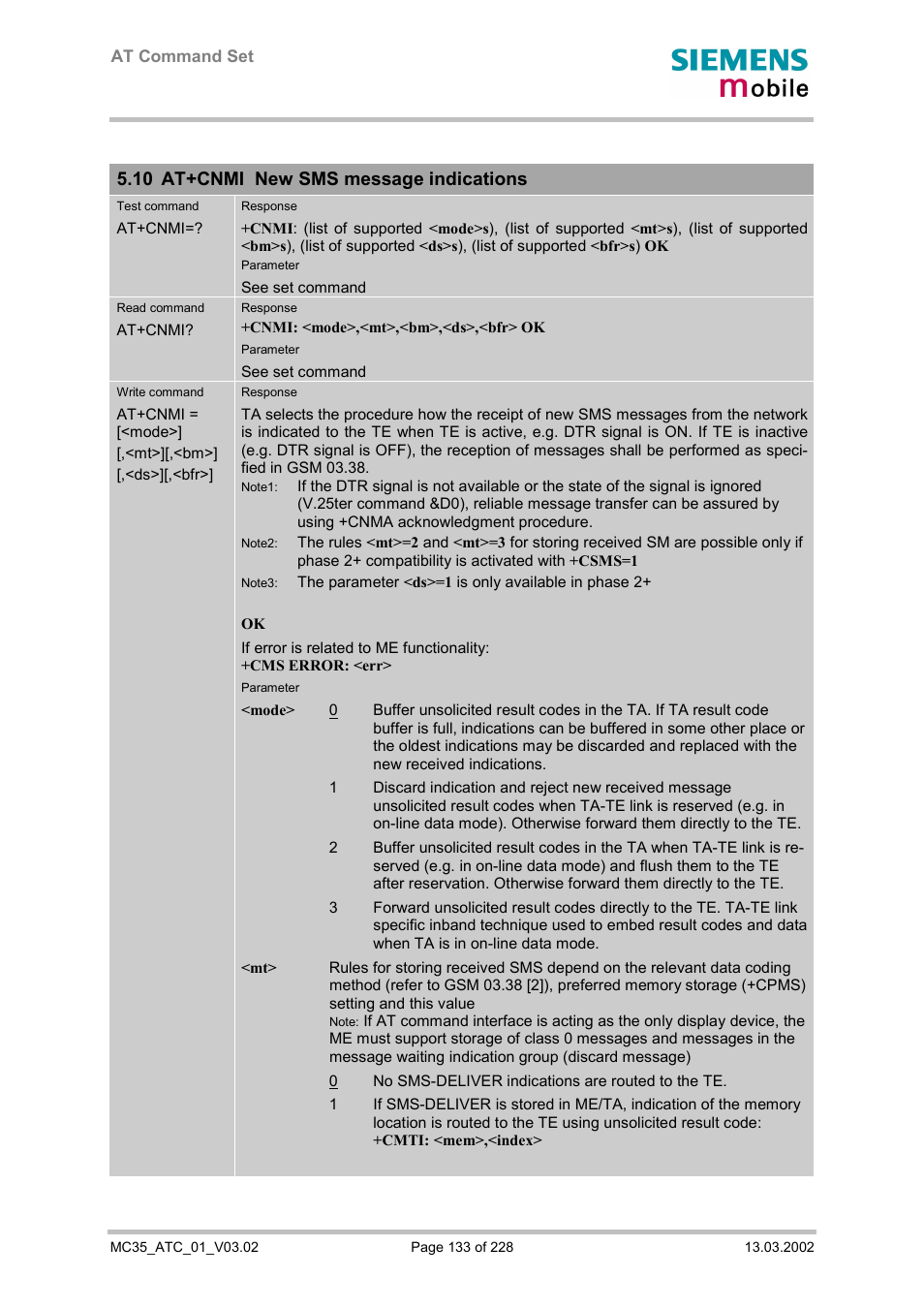 At+cnmi new sms message indications, 10 at+cnmi new sms message indications | Siemens MC35 User Manual | Page 133 / 228