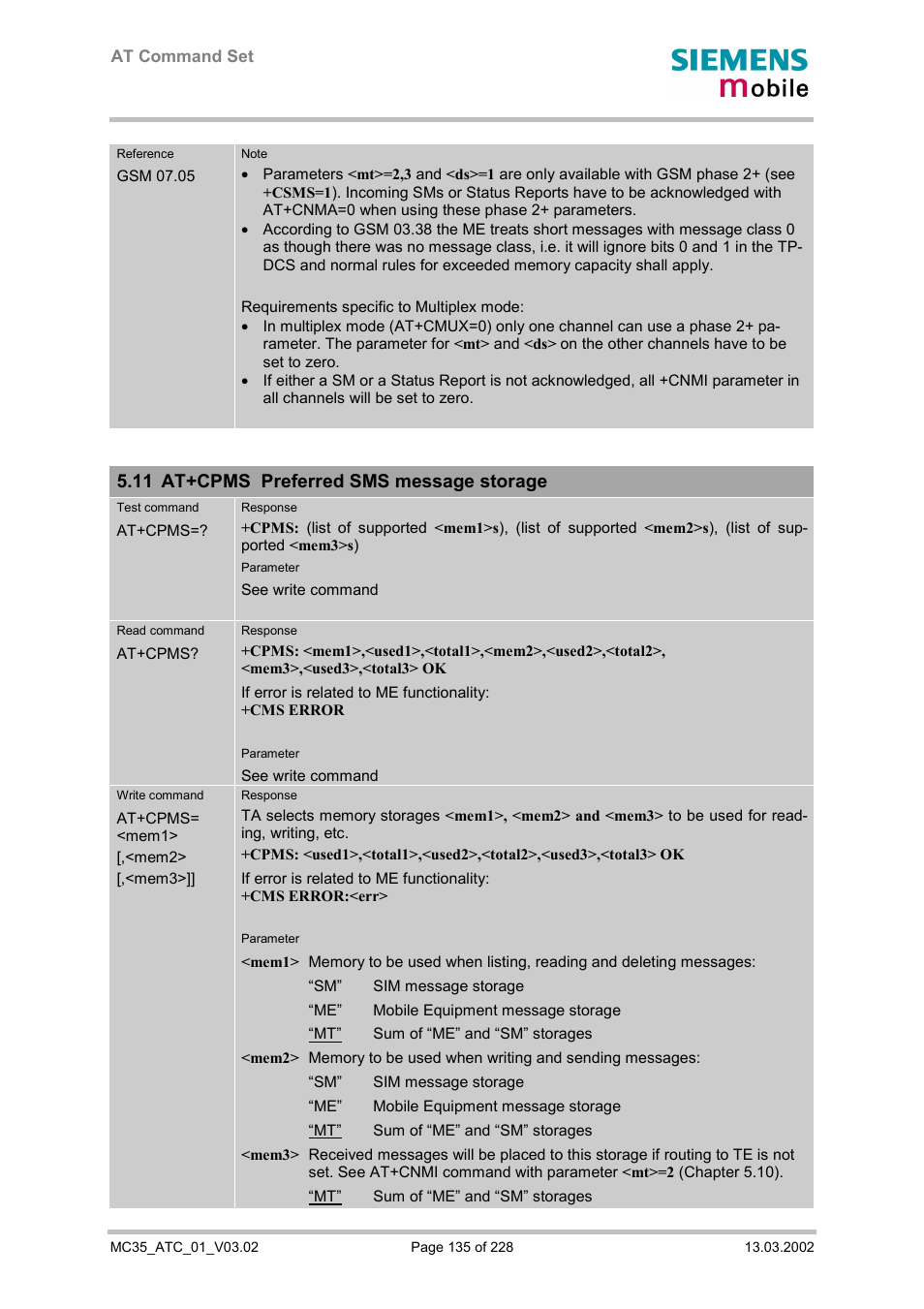 At+cpms preferred sms message storage, 11 at+cpms preferred sms message storage | Siemens MC35 User Manual | Page 135 / 228