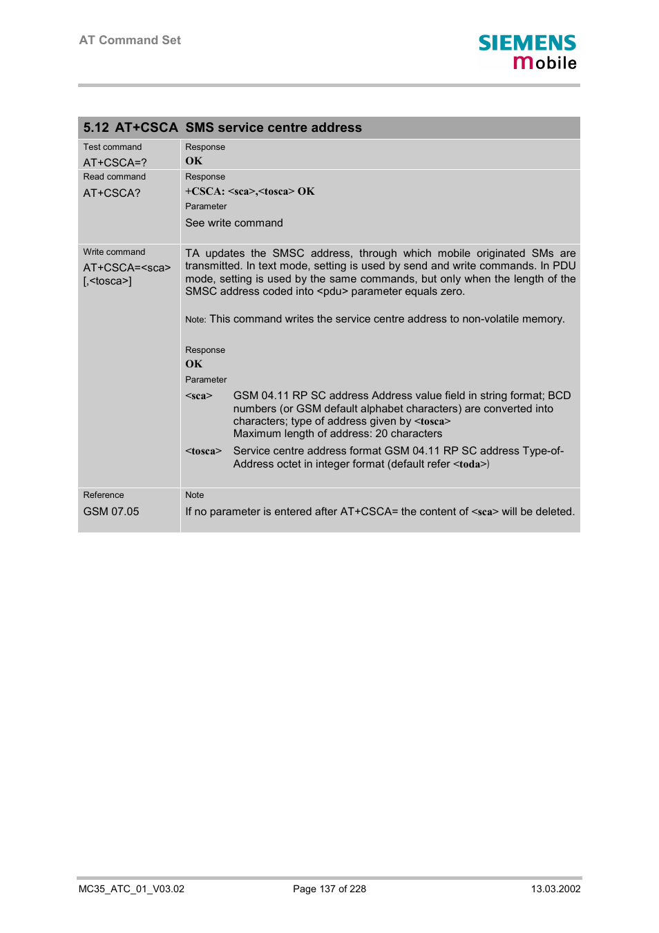 At+csca sms service centre address, 12 at+csca sms service centre address | Siemens MC35 User Manual | Page 137 / 228